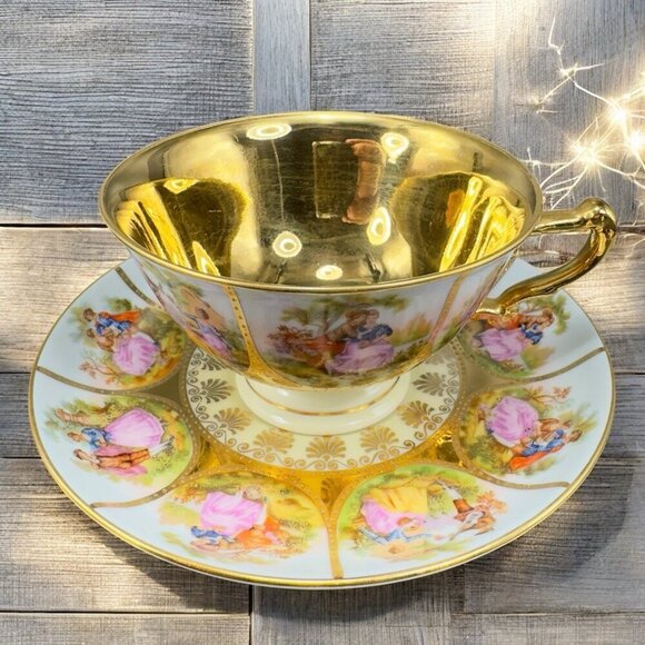 NC Western Germany Love Story Set Teacup Saucer Set Fine Porcelain Heavy Gold - Picture 1 of 16